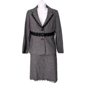 Classiques Entier Grey with Black Lace Trim Skirt Suit, Size 6